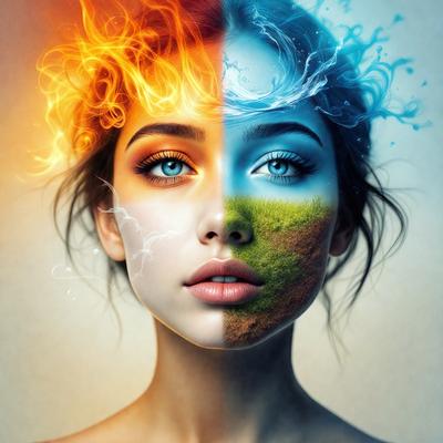 The primary subject of the image is a woman with a unique and artistic appearance. She has a face that is split into two distinct sections, one with a blue color and the other with a green color. The setting is a white background, which provides a clean and minimalist look to the image. The visual style is a digital art or illustration, showcasing the creativity and skill of the artist. The colors and mood of the image are vibrant and lively, with the blue and green tones creating a sense